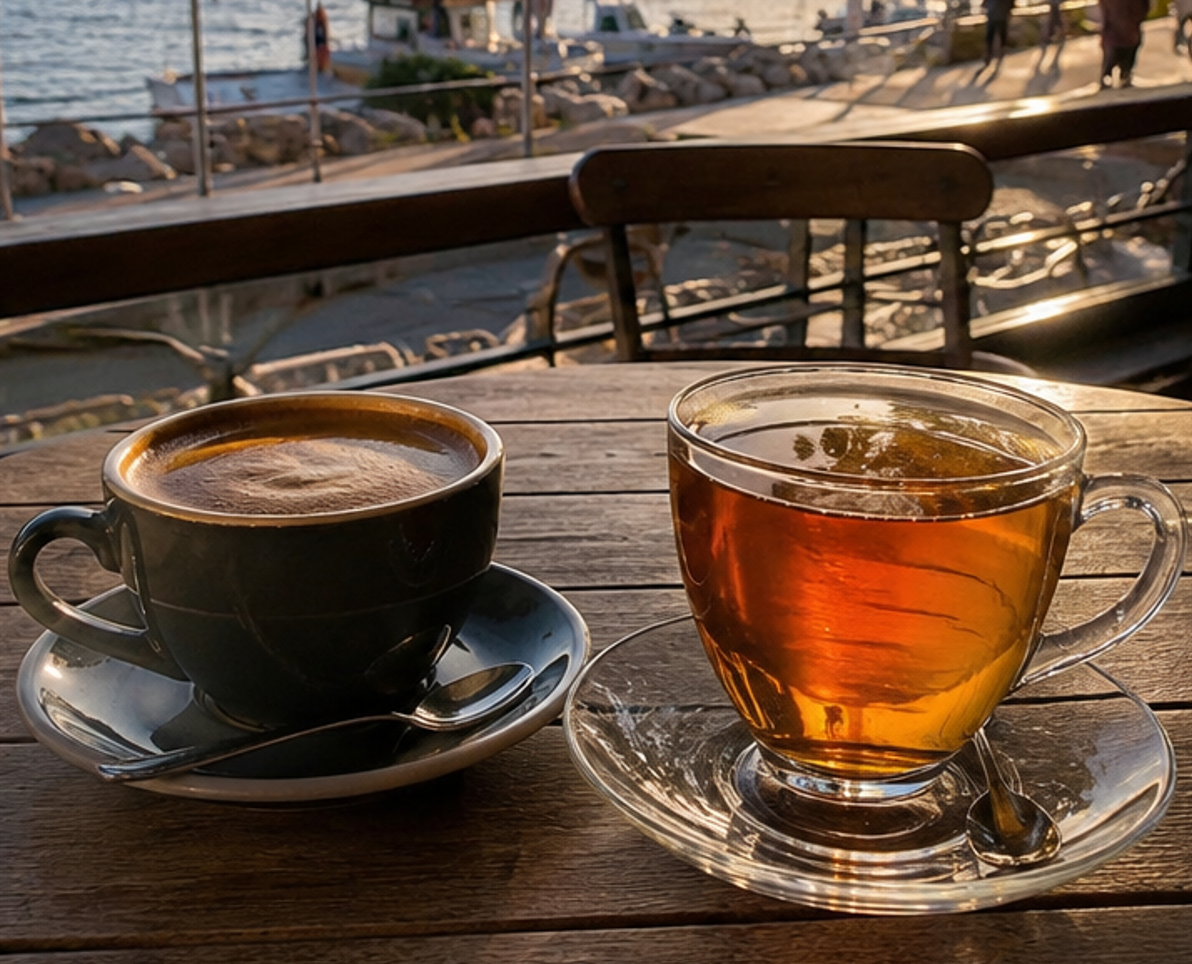 A cup of tea and a cup of coffee sitting side by side on an outdoor cafe table by the water.
